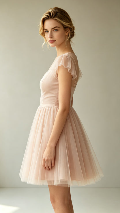 Feminine A-line Pink Evening Gowns Round neck Tulle Mini Gowns LFNL0776