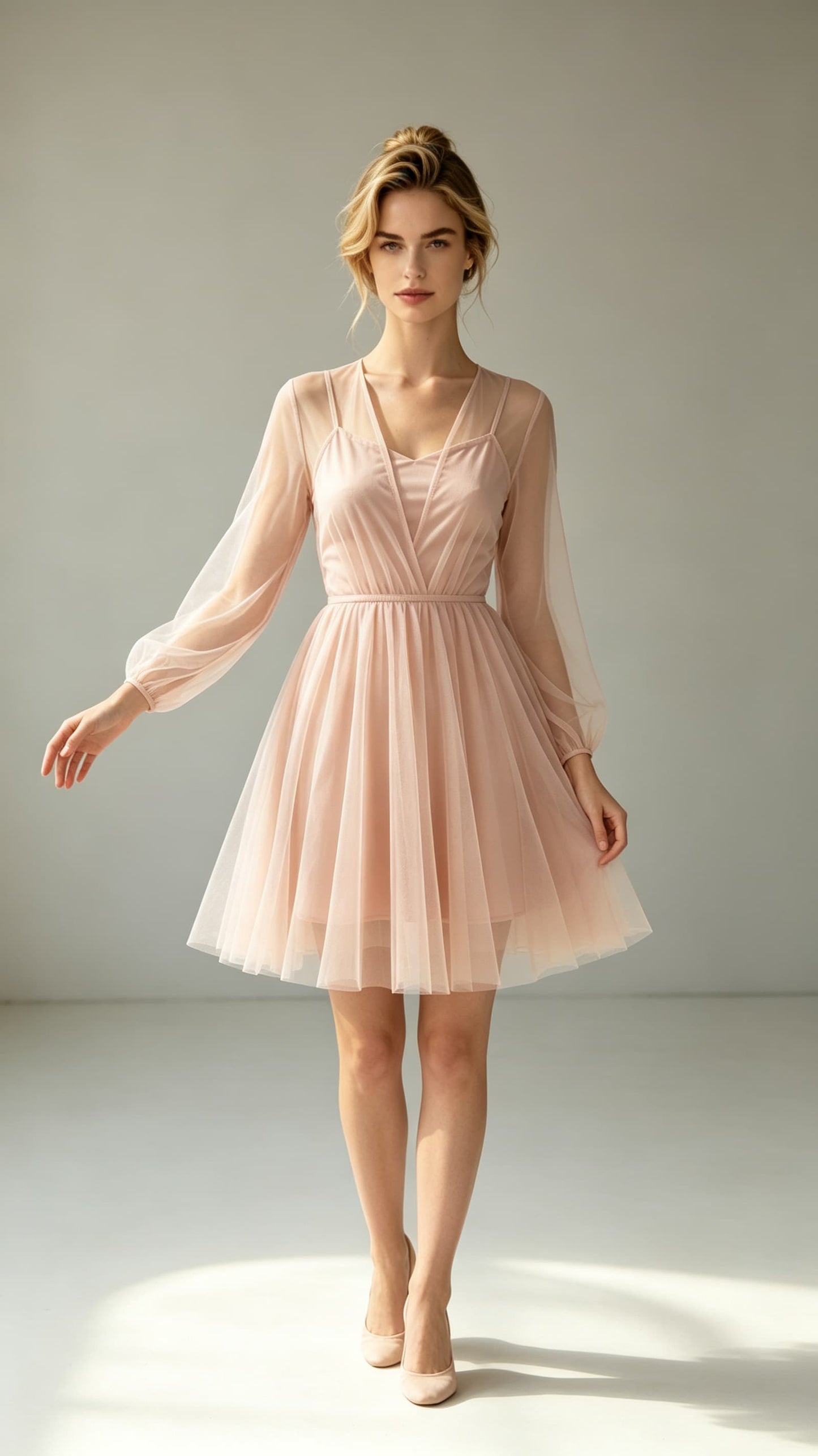 Blush pink A‑line tulle mini gown, wrap v‑neck long sheer balloon sleeves custom semi‑formal dress
