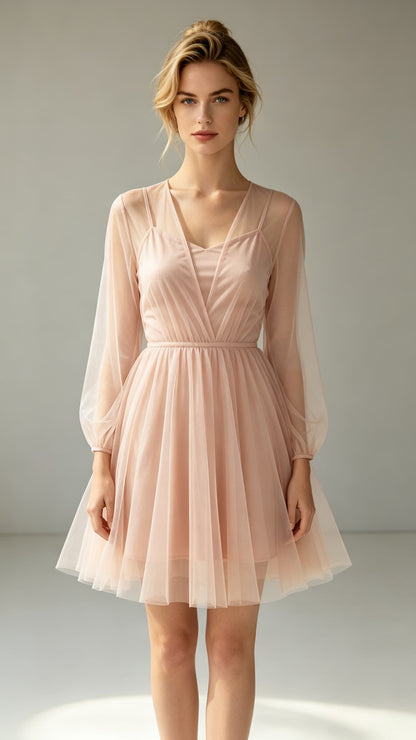 Eye-catching A-line Pink Evening Gowns V Neck Tulle Mini Gowns LFNL0777