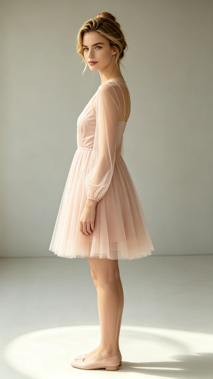 Eye-catching A-line Pink Evening Gowns V Neck Tulle Mini Gowns LFNL0777