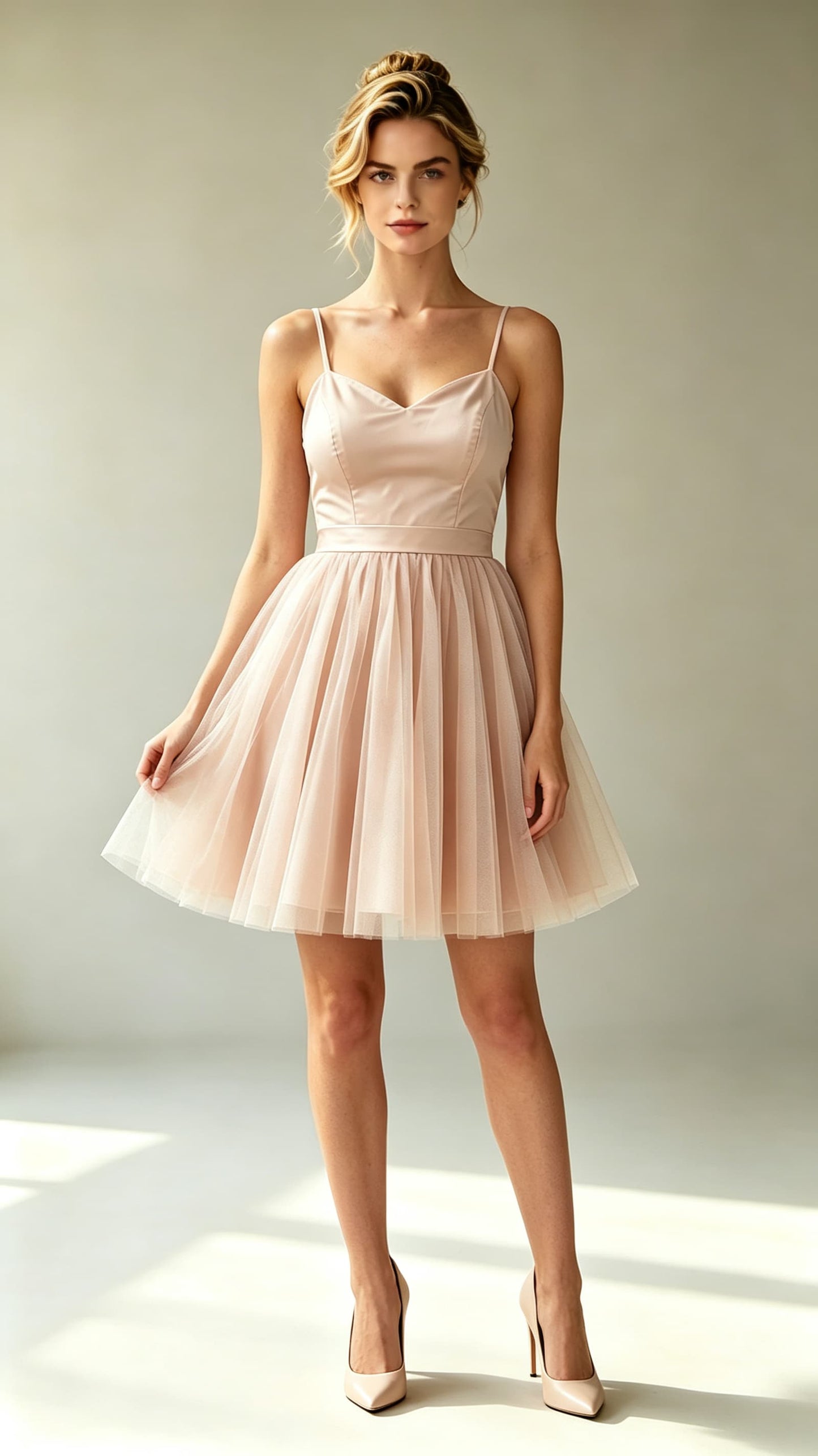Blush pink A‑line homecoming mini dress, spaghetti straps satin bodice layered tulle short skirt custom gown