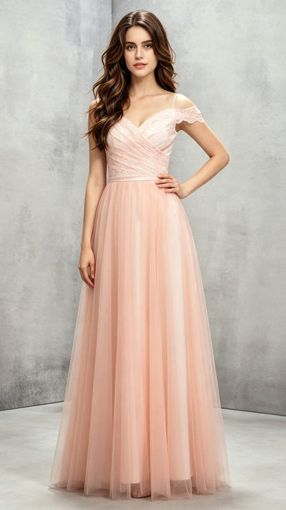 Eye-catching A-line Pink Evening Gowns Off Shoulder Tulle Long Formal Dress LFNG0040