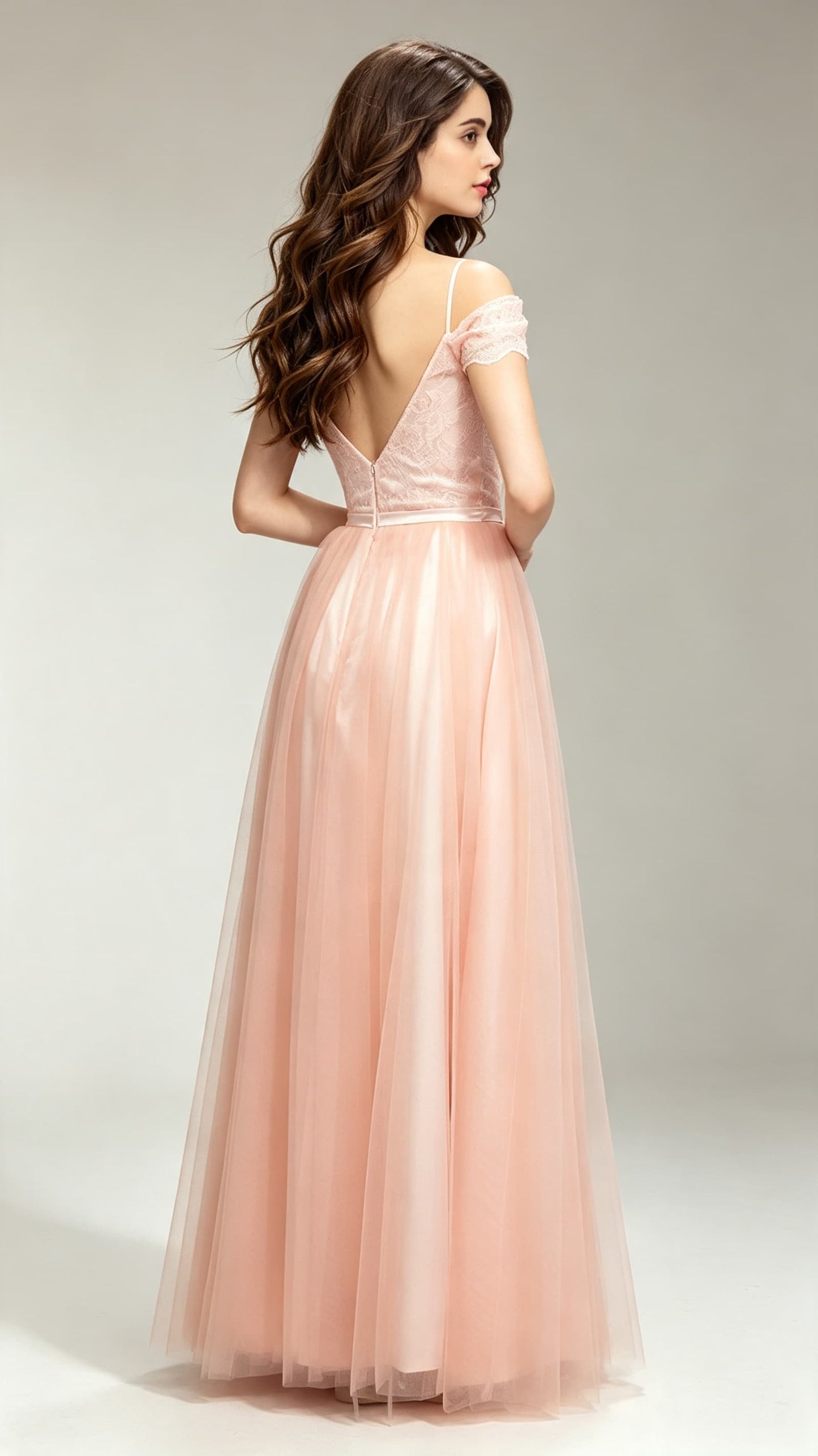 Eye-catching A-line Pink Evening Gowns Off Shoulder Tulle Long Formal Dress LFNG0040