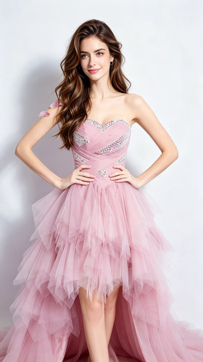 Stunning A-line Pink Evening Dress Sweatheart Neck Organza High Low Formal Dress LFNC0164