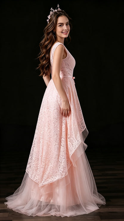 Gorgeous A-line Blush Pink  Evening Dress Round Neck Lace Tulle Maxi Dress LFNL0624