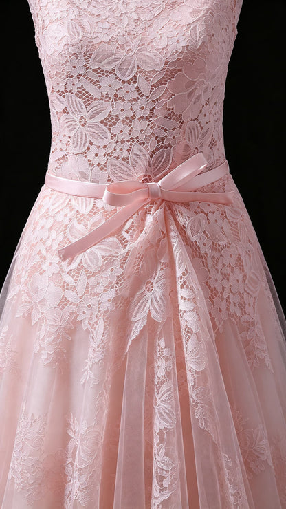 Gorgeous A-line Blush Pink  Evening Dress Round Neck Lace Tulle Maxi Dress LFNL0624