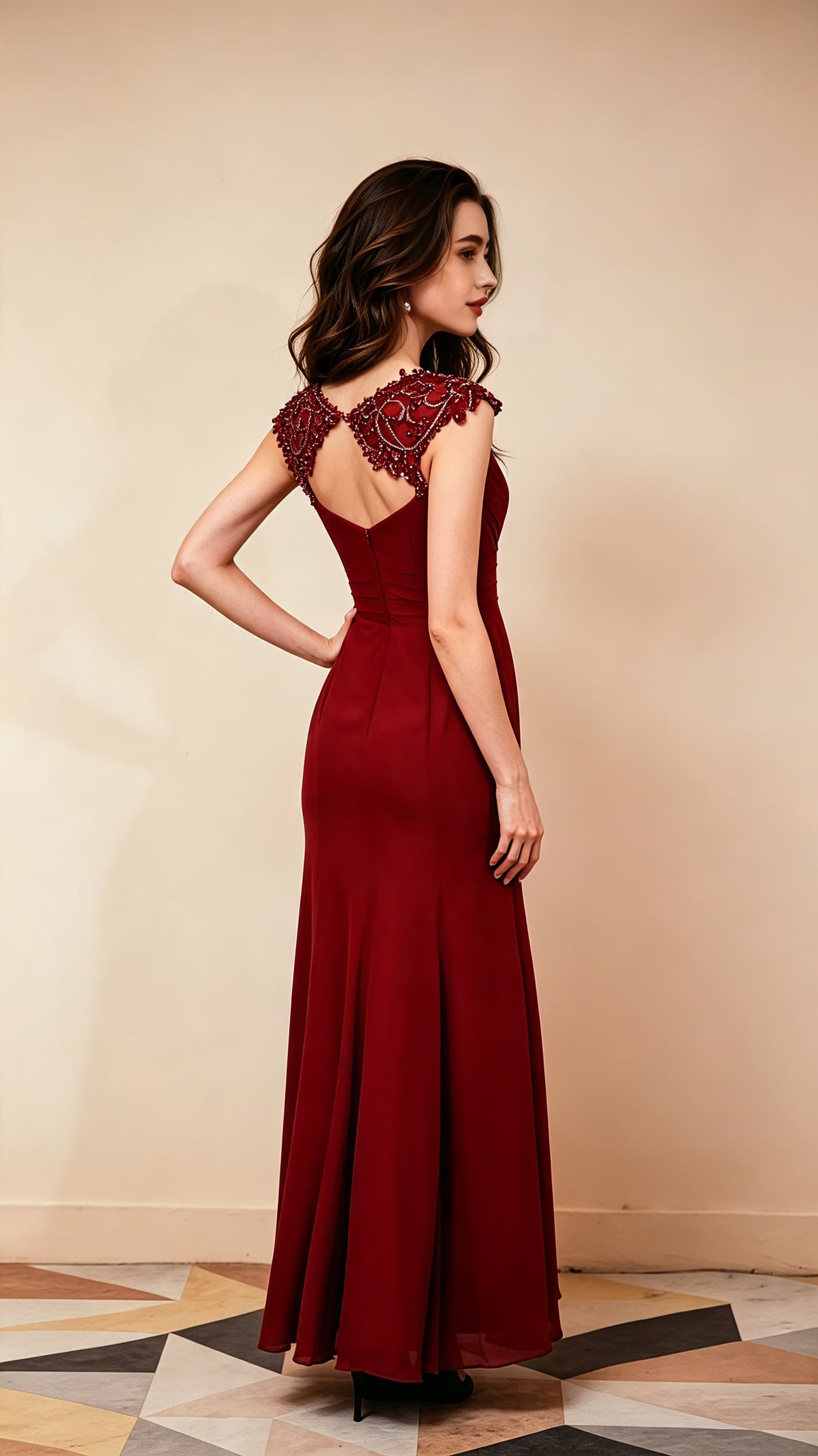 Beautiful A-line Red Evening Gowns V Neck Chiffon Maxi Dress LFNL0654