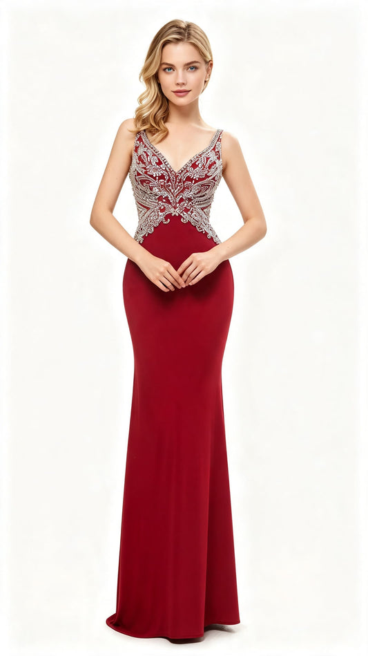 Simple Mermaid Red Evening Dress V Neck Polyester Beads Maxi Dress LFNL0638