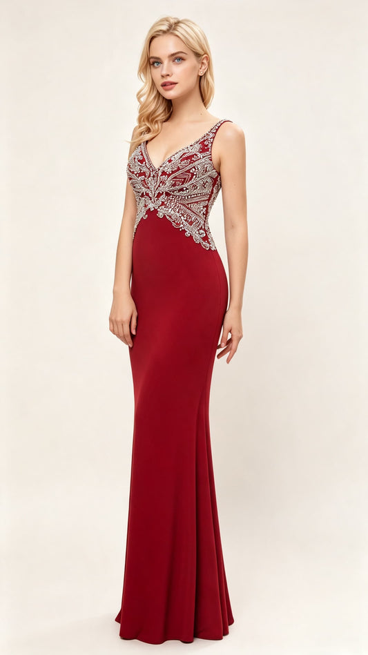 Simple Mermaid Red Evening Dress V Neck Polyester Beads Maxi Dress LFNL0638