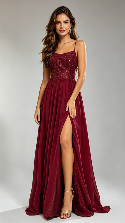 2026 A-line Burgundy Evening Gowns Straps Chiffon & Sequins Long Formal Dress LFNG0014