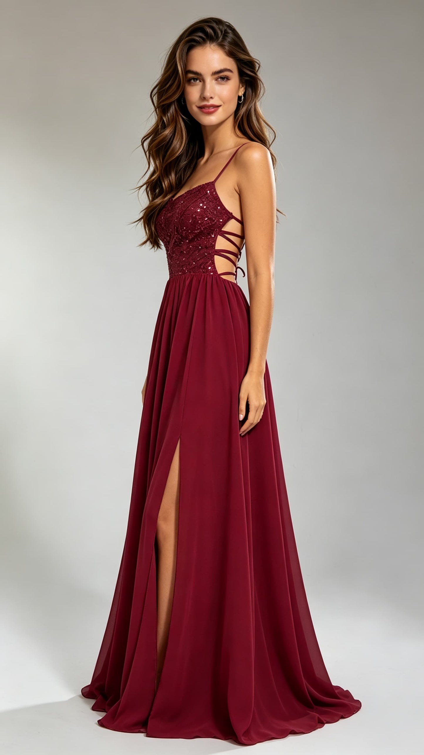 2026 A-line Burgundy Evening Gowns Straps Chiffon & Sequins Long Formal Dress LFNG0014