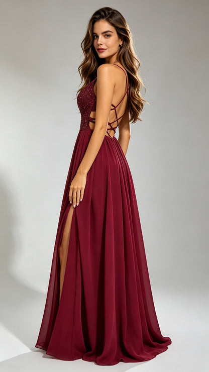 2026 A-line Burgundy Evening Gowns Straps Chiffon & Sequins Long Formal Dress LFNG0014