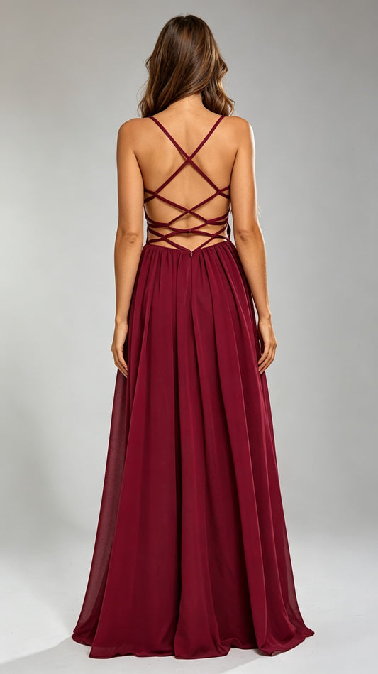 2026 A-line Burgundy Evening Gowns Straps Chiffon & Sequins Long Formal Dress LFNG0014
