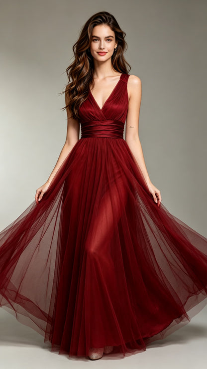 Soft A-line Dark Red Bridesmaid Dress Chiffon Long Formal Dress LFNC0107
