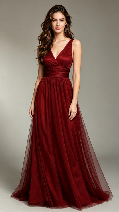 Soft A-line Dark Red Bridesmaid Dress Chiffon Long Formal Dress LFNC0107