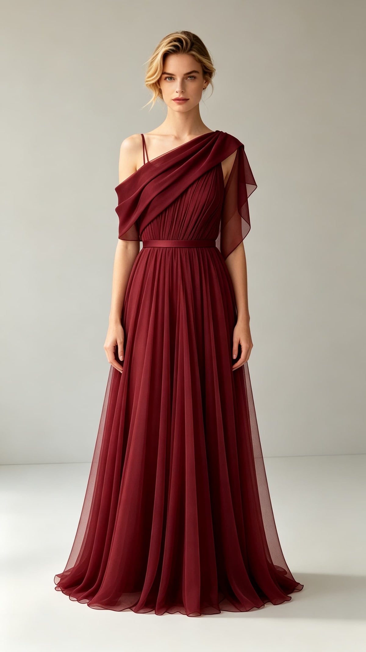 Elegant A-line Red Evening Gowns One Shoulder Chiffon Maxi Dress Zimmerformal