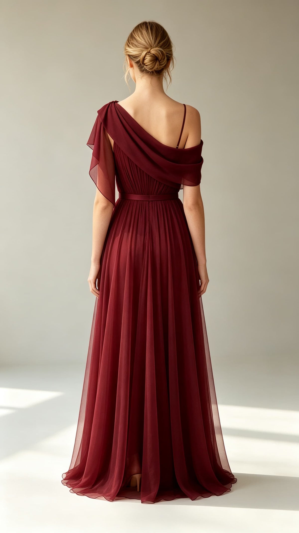 Elegant A-line Red Evening Gowns One Shoulder Chiffon Maxi Dress LFNL0802