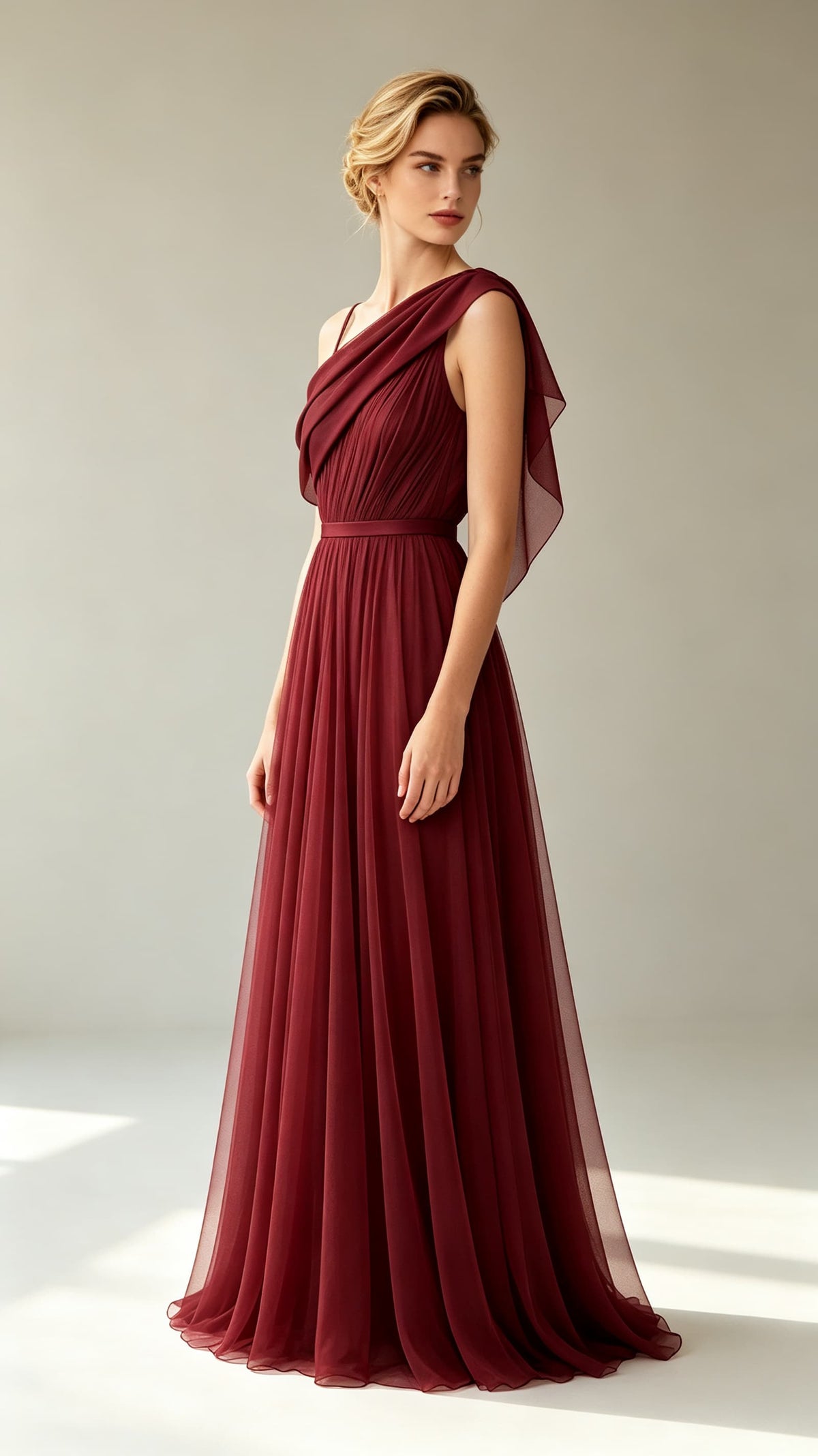 Elegant A-line Red Evening Gowns One Shoulder Chiffon Maxi Dress LFNL0802