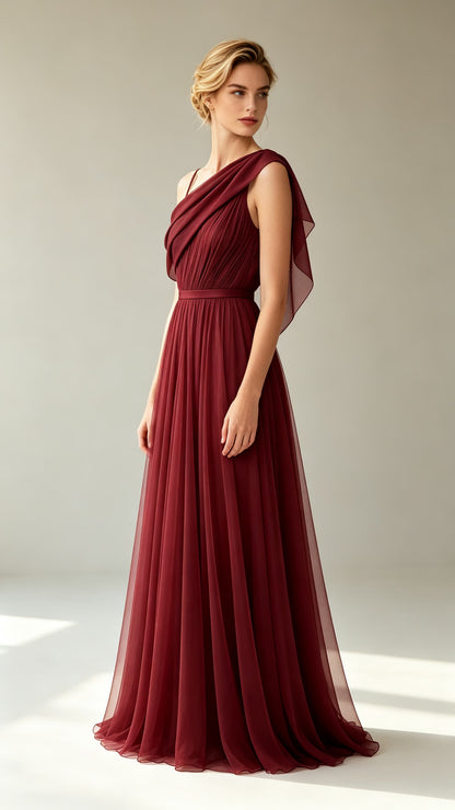Elegant A-line Red Evening Gowns One Shoulder Chiffon Maxi Dress LFNL0802