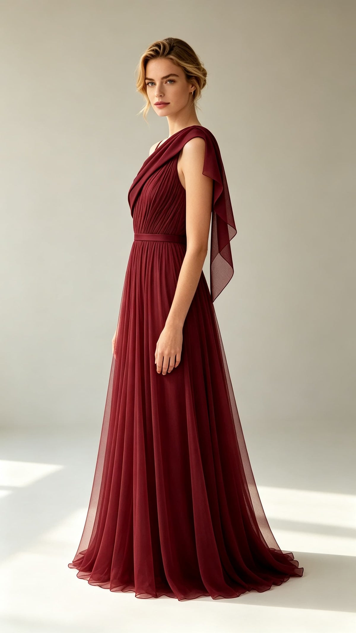 Elegant A-line Red Evening Gowns One Shoulder Chiffon Maxi Dress LFNL0802