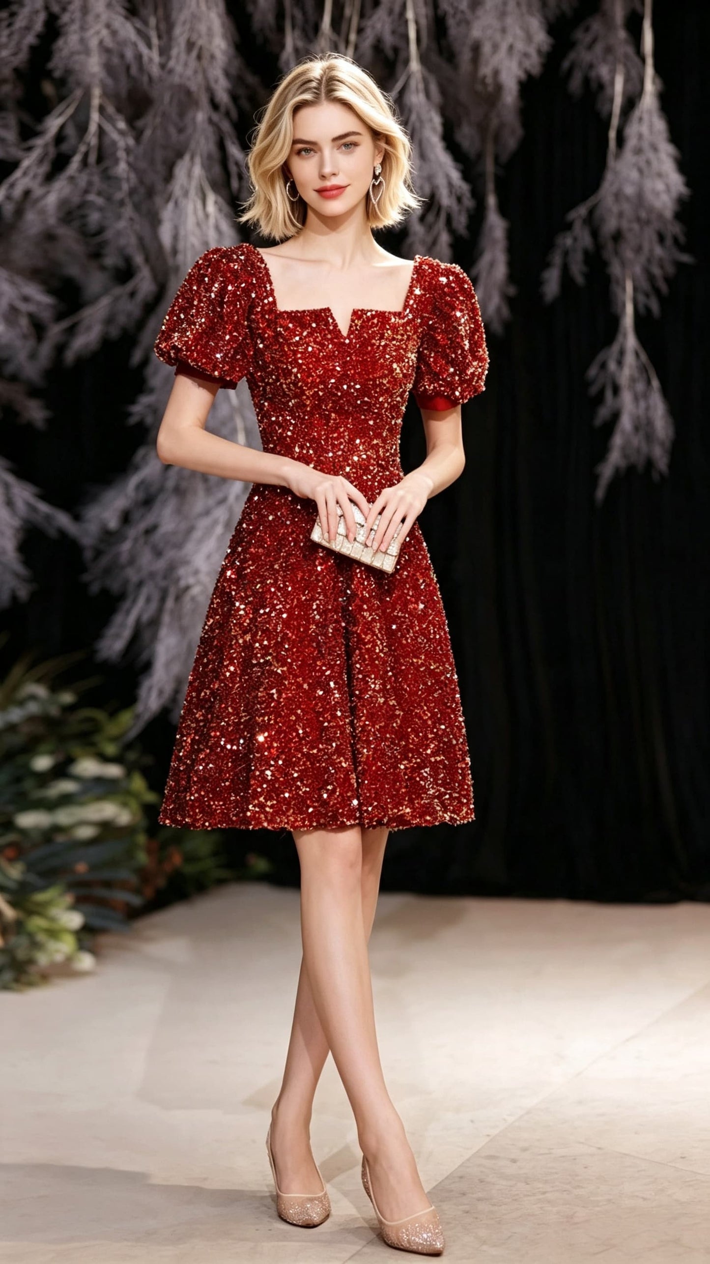 Dreamy A-line Red Evening Dress Square Collar Tulle Short Formal Dress LFNC0356