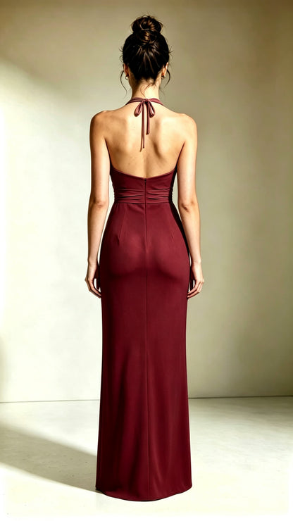 Romantic Mermaid Red Evening Gowns Halter Polyester Maxi Dress LFNL0768
