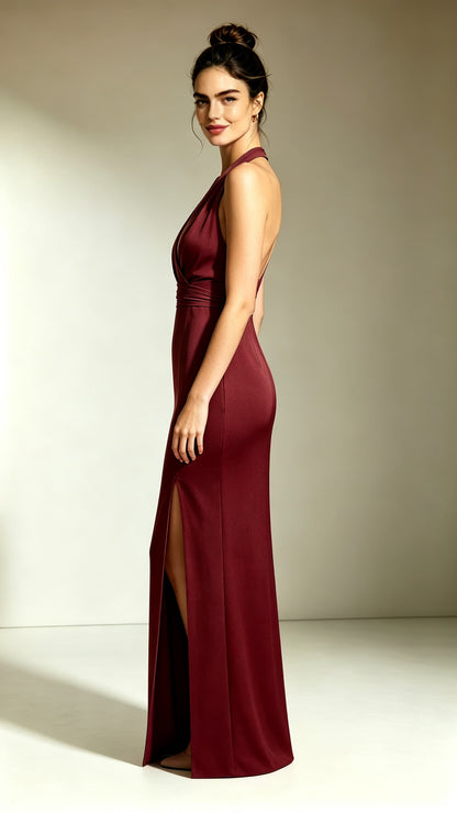 Romantic Mermaid Red Evening Gowns Halter Polyester Maxi Dress LFNL0768