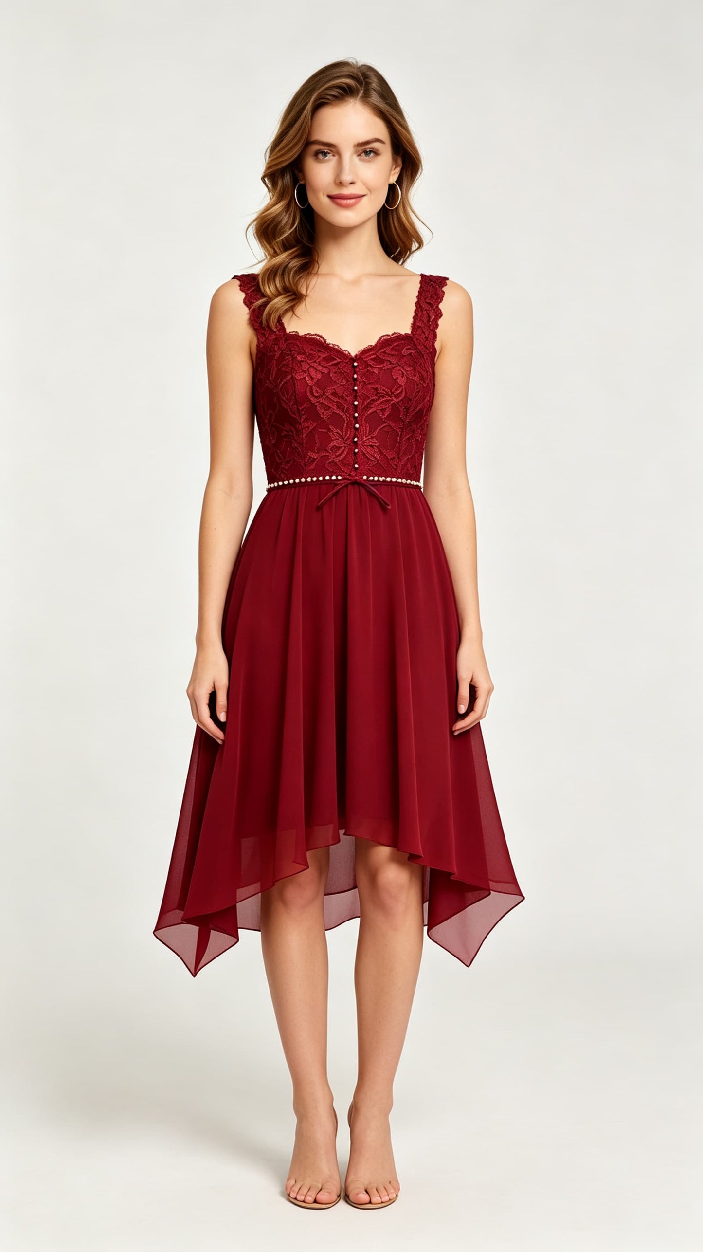 Effortless A-line Red Evening Gowns Straps Lace Chiffon Maxi Dress LFNL0693