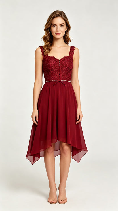 Effortless A-line Red Evening Gowns Straps Lace Chiffon Maxi Dress LFNL0693