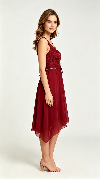 Effortless A-line Red Evening Gowns Straps Lace Chiffon Maxi Dress LFNL0693