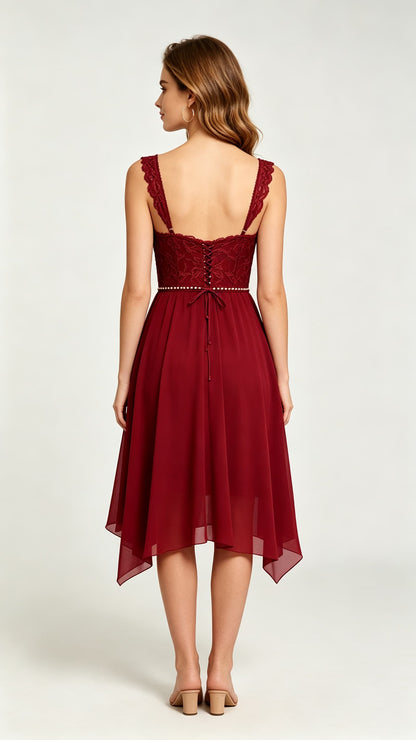 Effortless A-line Red Evening Gowns Straps Lace Chiffon Maxi Dress LFNL0693