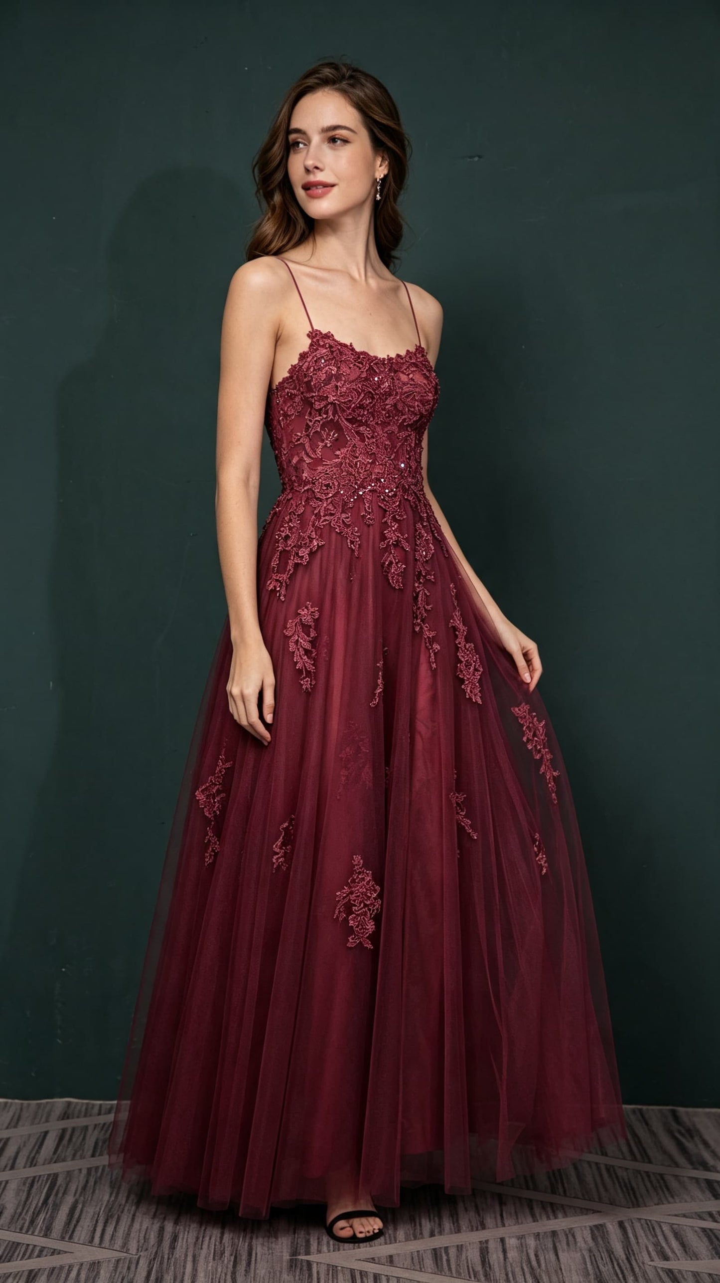 Effortless A-line Red Evening Gowns Straps Tulle Maxi Dress LFNL0661