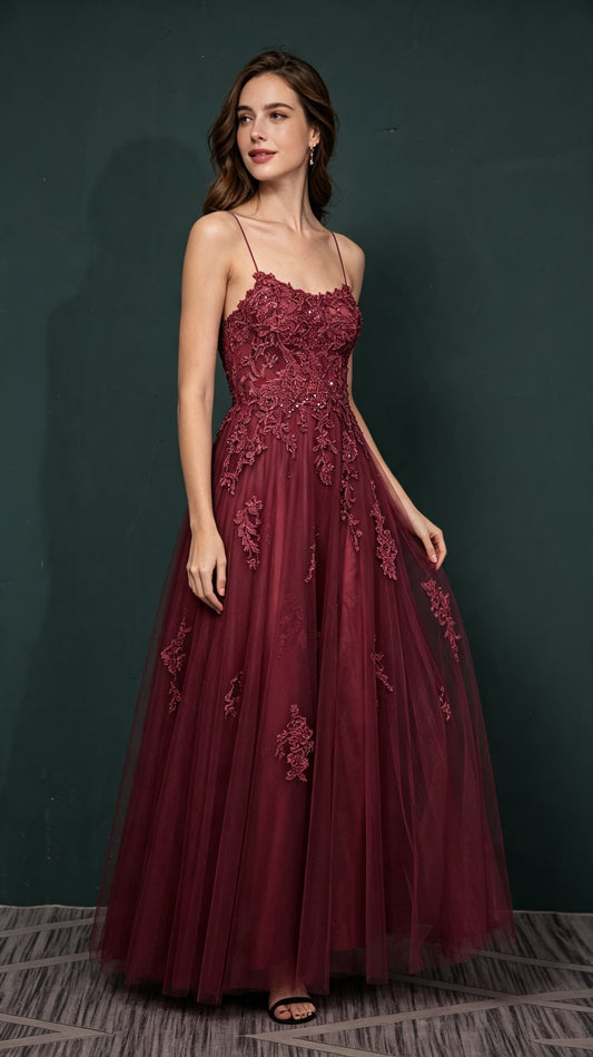Effortless A-line Red Evening Gowns Straps Tulle Maxi Dress LFNL0661