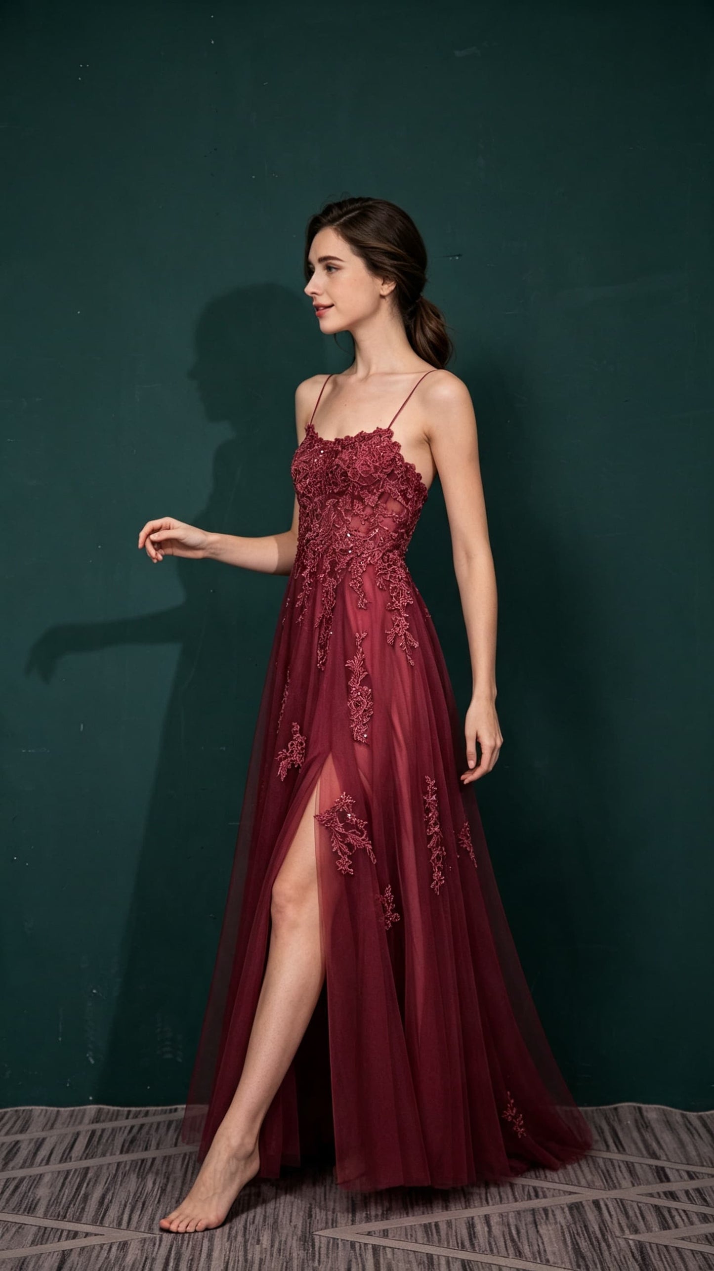 Effortless A-line Red Evening Gowns Straps Tulle Maxi Dress LFNL0661