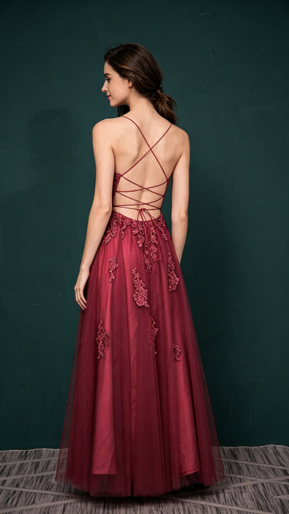 Effortless A-line Red Evening Gowns Straps Tulle Maxi Dress LFNL0661