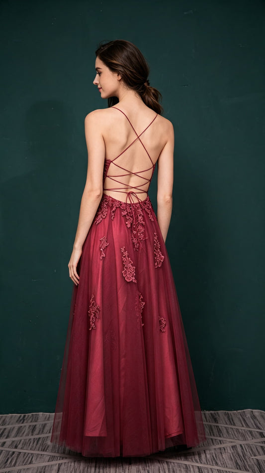 Effortless A-line Red Evening Gowns Straps Tulle Maxi Dress LFNL0661