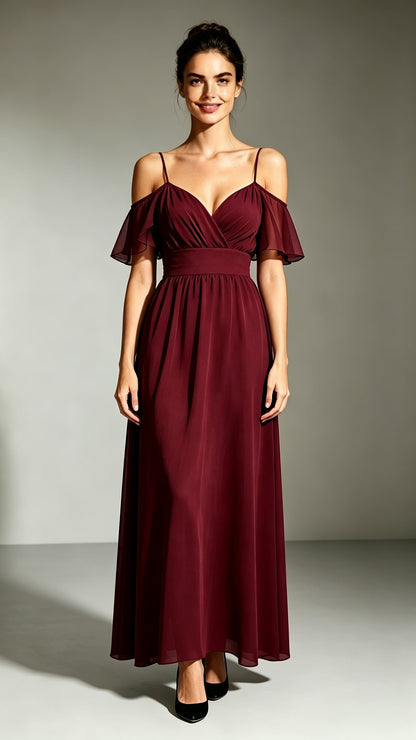 Eye-catching A-line Red Evening Gowns Straps Chiffon Maxi Dress LFNL0773