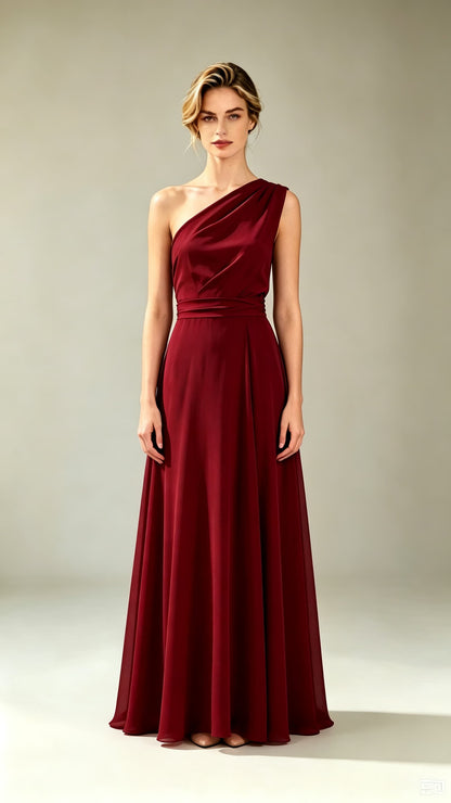 Dreamy A-line Red Evening Gowns One Shoulder Polyester Maxi Dress Zimmerformal