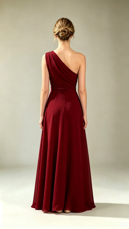 Dreamy A-line Red Evening Gowns One Shoulder Polyester Maxi Dress LFNL0801