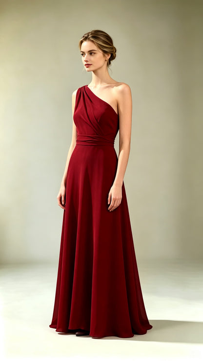 Dreamy A-line Red Evening Gowns One Shoulder Polyester Maxi Dress LFNL0801