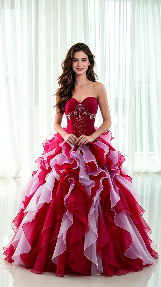 Strapless Beaded Burgundy Ruffled Tulle Ball Gown Floor Length Evening Dress LFNG0045