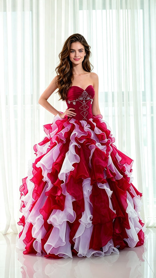 Strapless Beaded Burgundy Ruffled Tulle Ball Gown Floor Length Evening Dress LFNG0045
