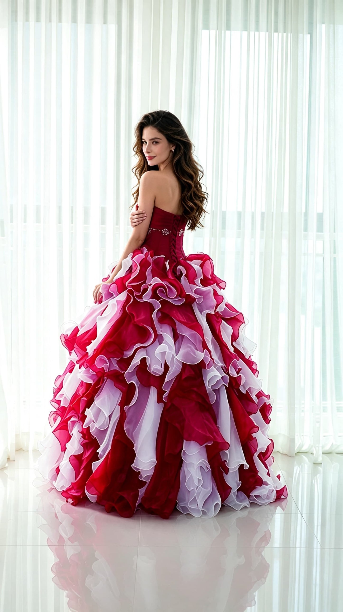 Strapless Beaded Burgundy Ruffled Tulle Ball Gown Floor Length Evening Dress LFNG0045