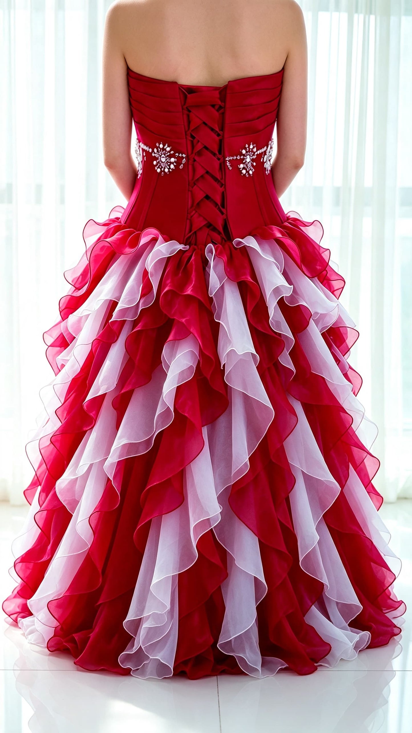 Strapless Beaded Burgundy Ruffled Tulle Ball Gown Floor Length Evening Dress LFNG0045