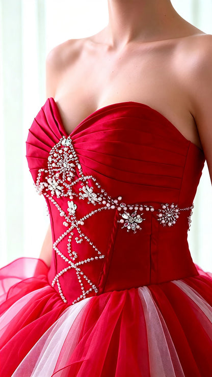 Strapless Beaded Burgundy Ruffled Tulle Ball Gown Floor Length Evening Dress LFNG0045
