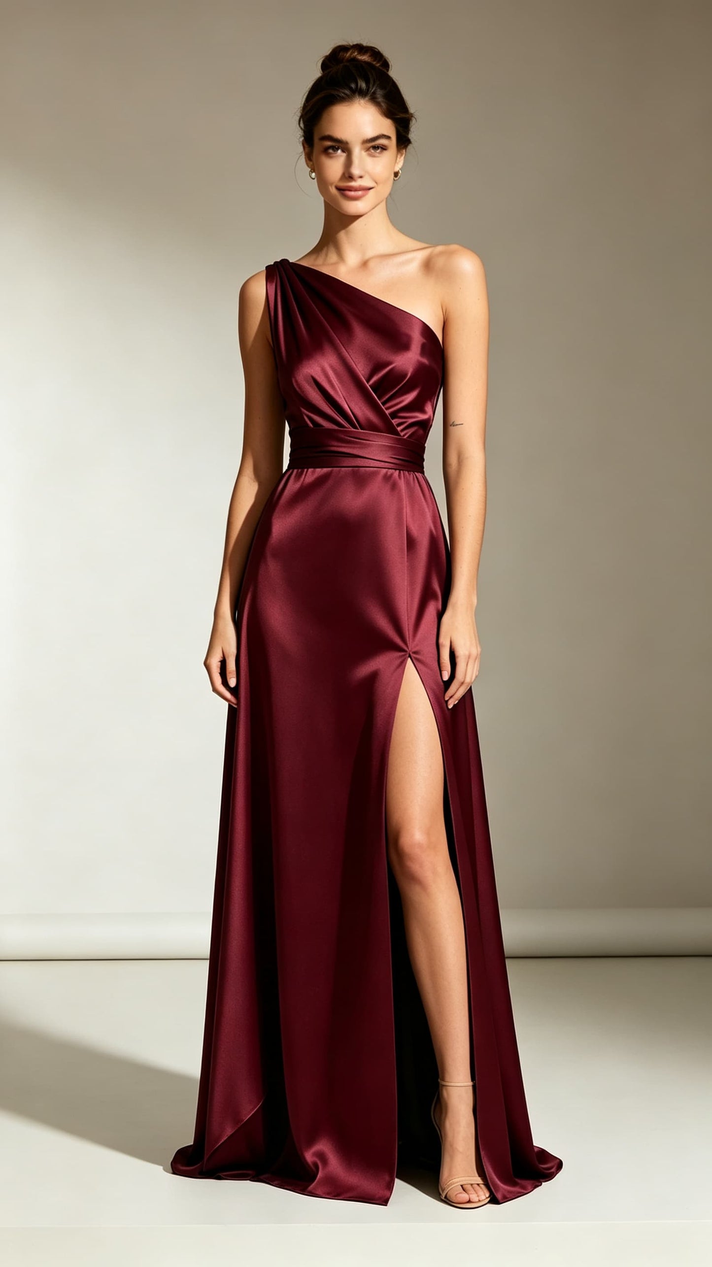 Elegant A-line Red Evening Gowns One Shoulder Satin Maxi Dress LFNL0767