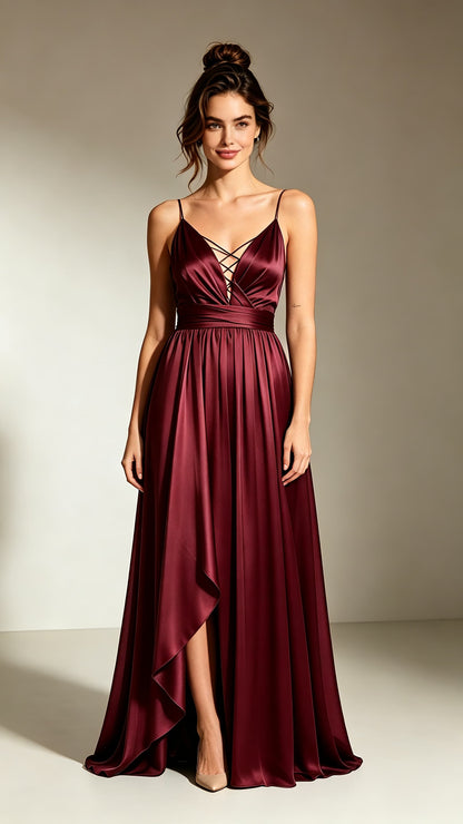 Dreamy A-line Red Evening Gowns Straps Satin Maxi Dress LFNL0766