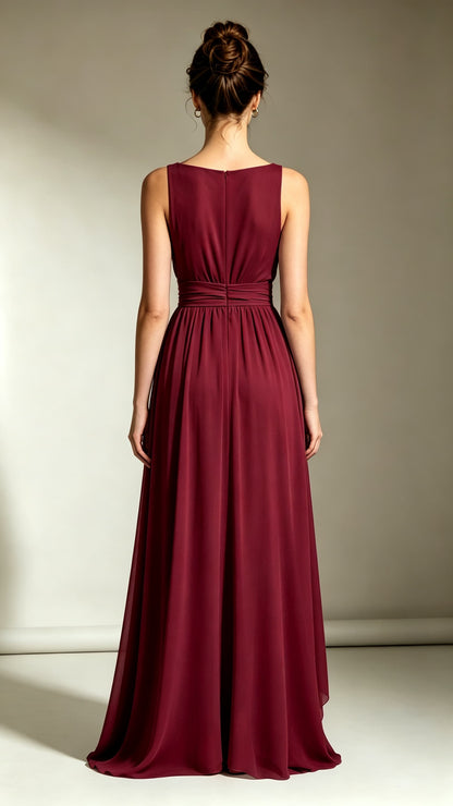 Chic A-line Red Evening Gowns Round neck Chiffon Maxi Dress LFNL0764