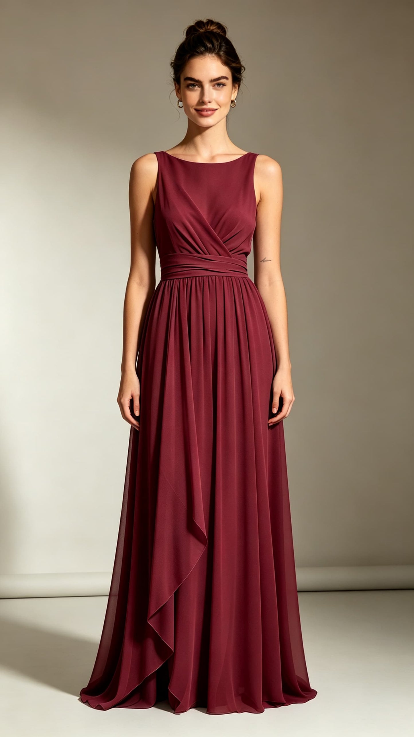 Chic A-line Red Evening Gowns Round neck Chiffon Maxi Dress LFNL0764