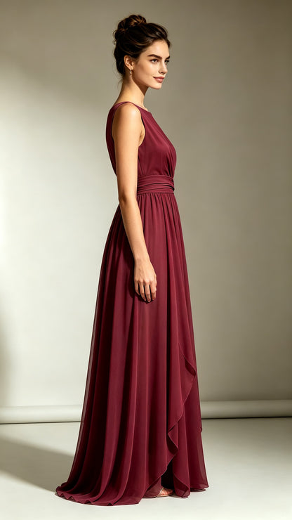 Chic A-line Red Evening Gowns Round neck Chiffon Maxi Dress LFNL0764